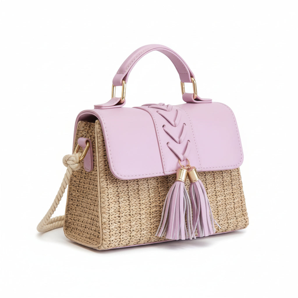 Woven Straw and PU Leather Crossbody Bag