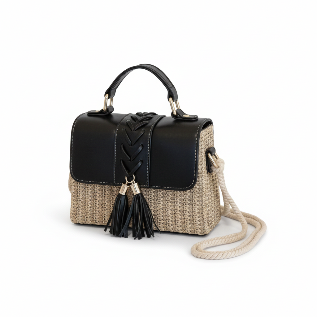 Woven Straw and PU Leather Crossbody Bag
