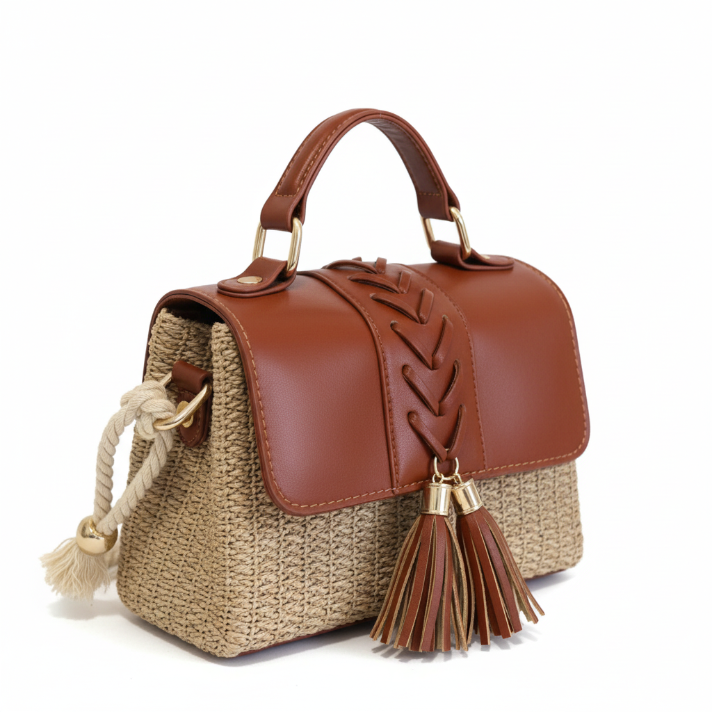 Woven Straw and PU Leather Crossbody Bag