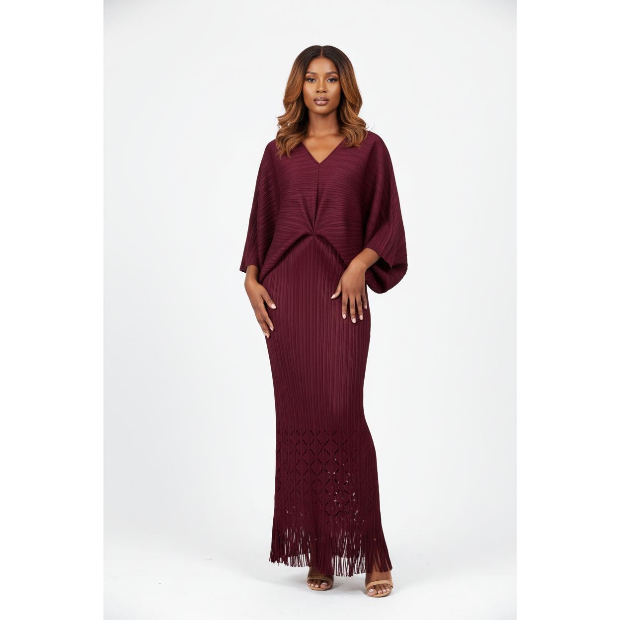 Hollow Bat Sleeve Fishtail Fringe Design Plus-size Pleated Dress