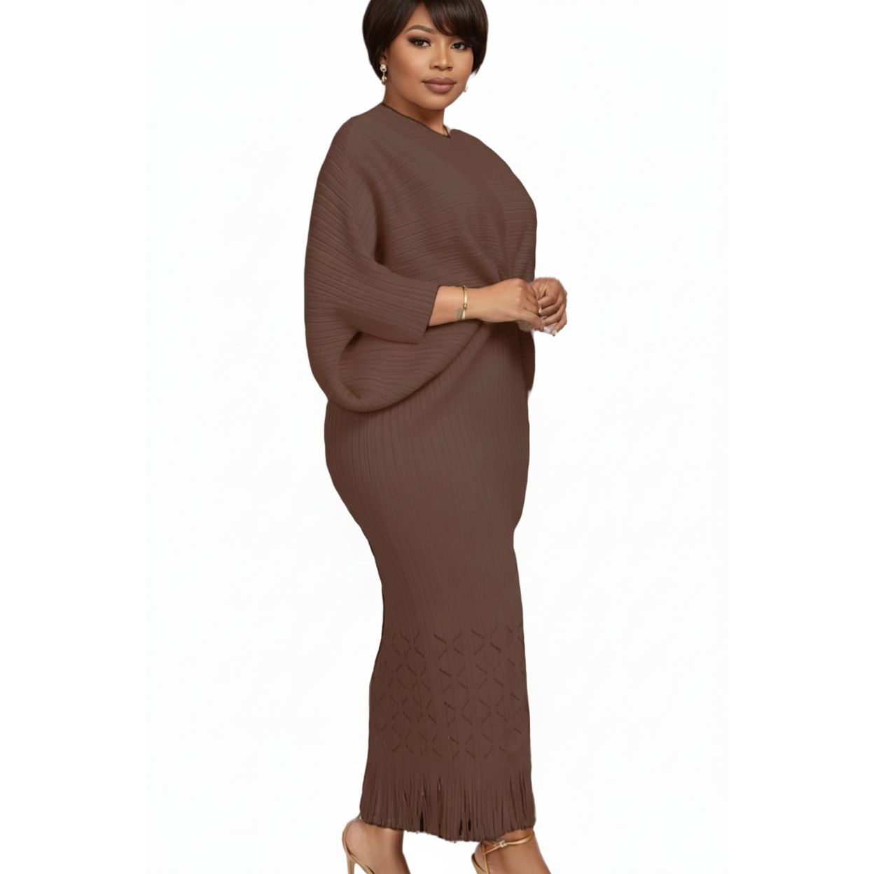 Hollow Bat Sleeve Fishtail Fringe Design Plus-size Pleated Dress