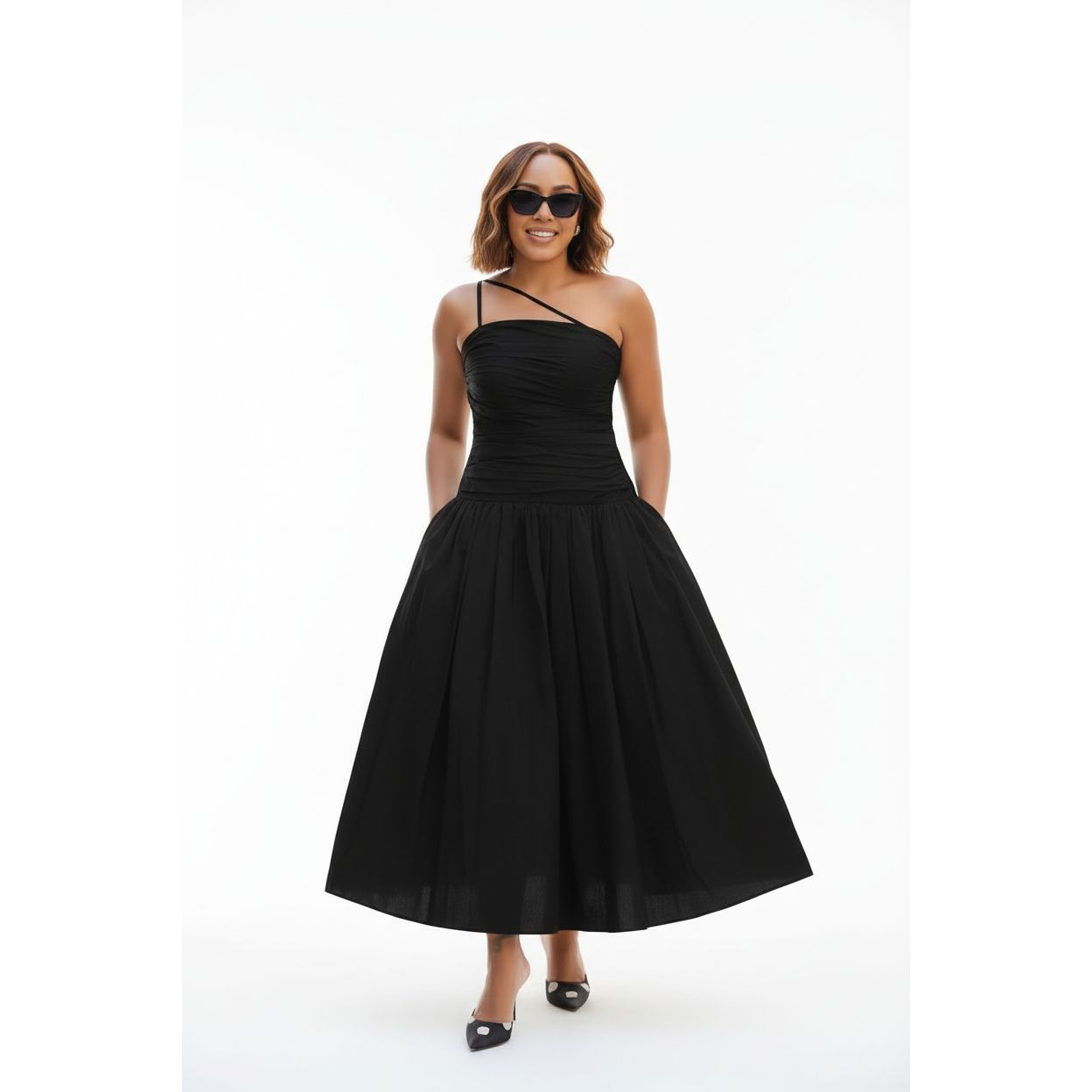 Asymmetric Strap Bubble Ruched  Midi Dress