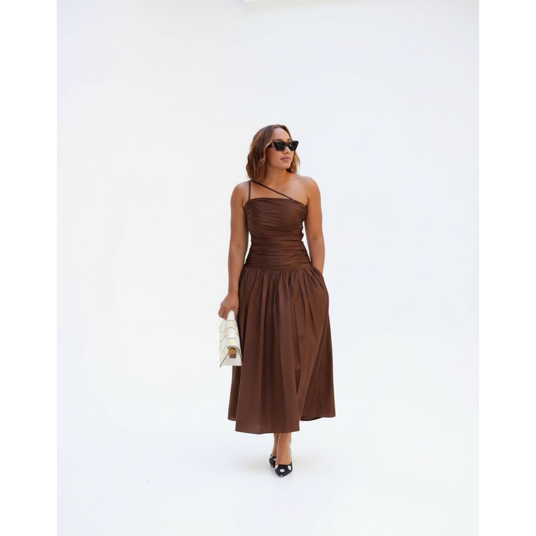 Asymmetric Strap Bubble Ruched  Midi Dress