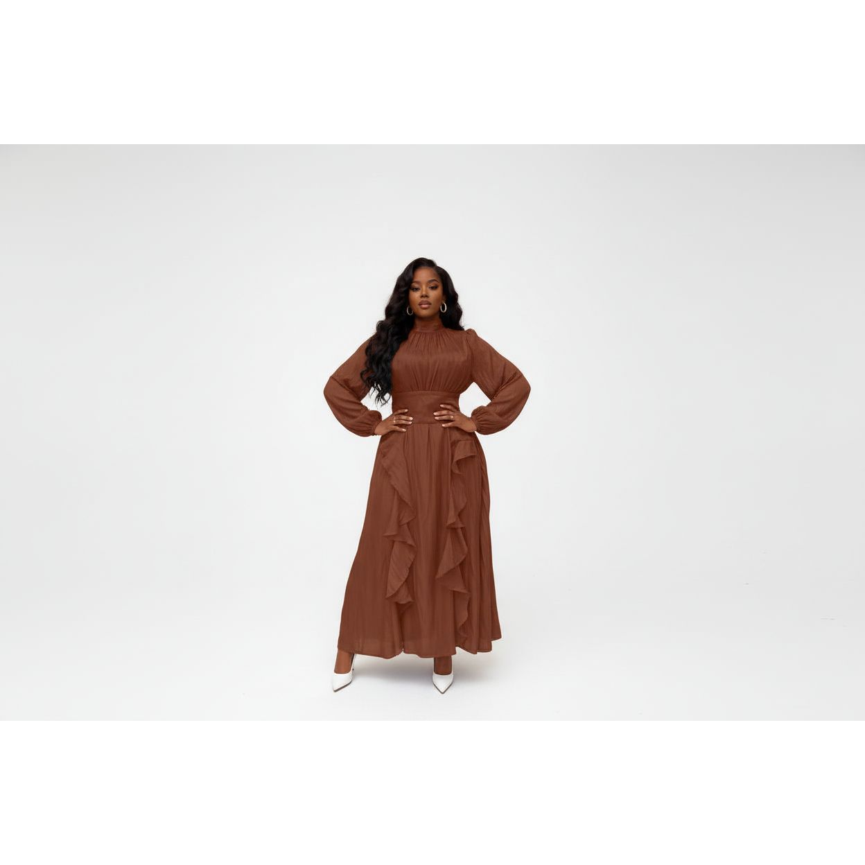 Satin Ruffle Lantern Sleeves Maxi Dress