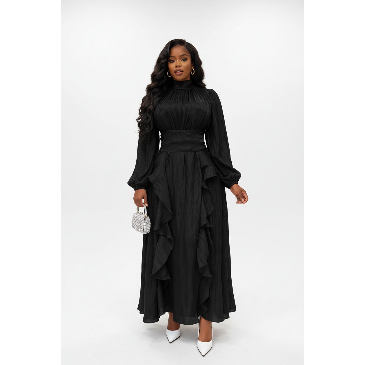 Satin Ruffle Lantern Sleeves Maxi Dress