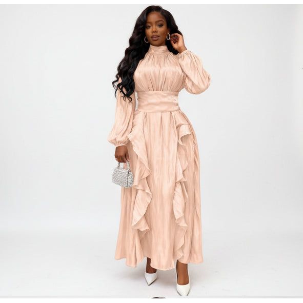 Satin Ruffle Lantern Sleeves Maxi Dress