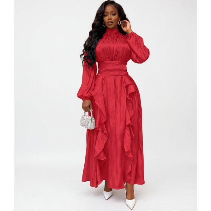 Satin Ruffle Lantern Sleeves Maxi Dress