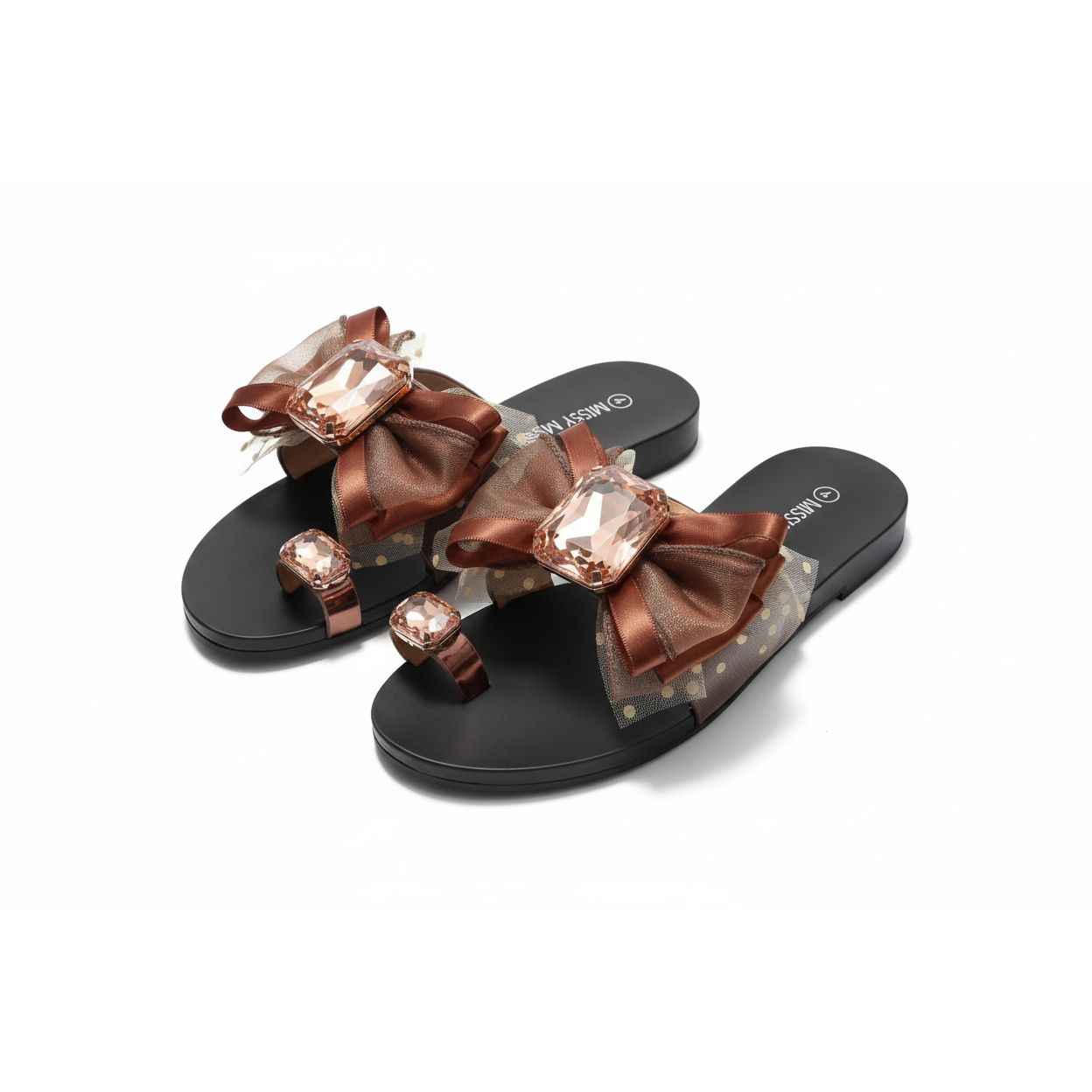 Bow Knot And Jewel-Encrusted Thumb Buckle Flat Slipper