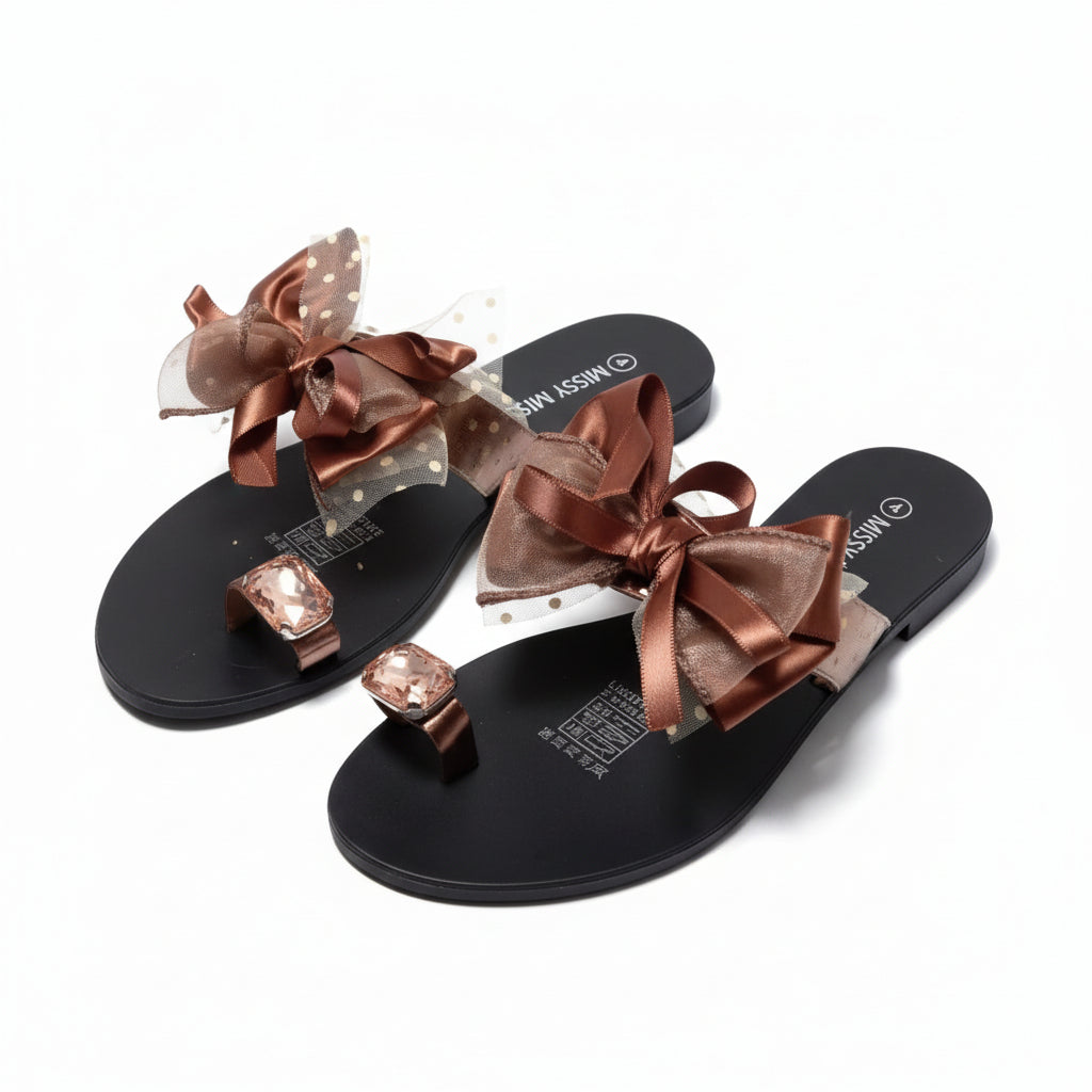 Bow Knot And Jewel-Encrusted Thumb Buckle Flat Slipper