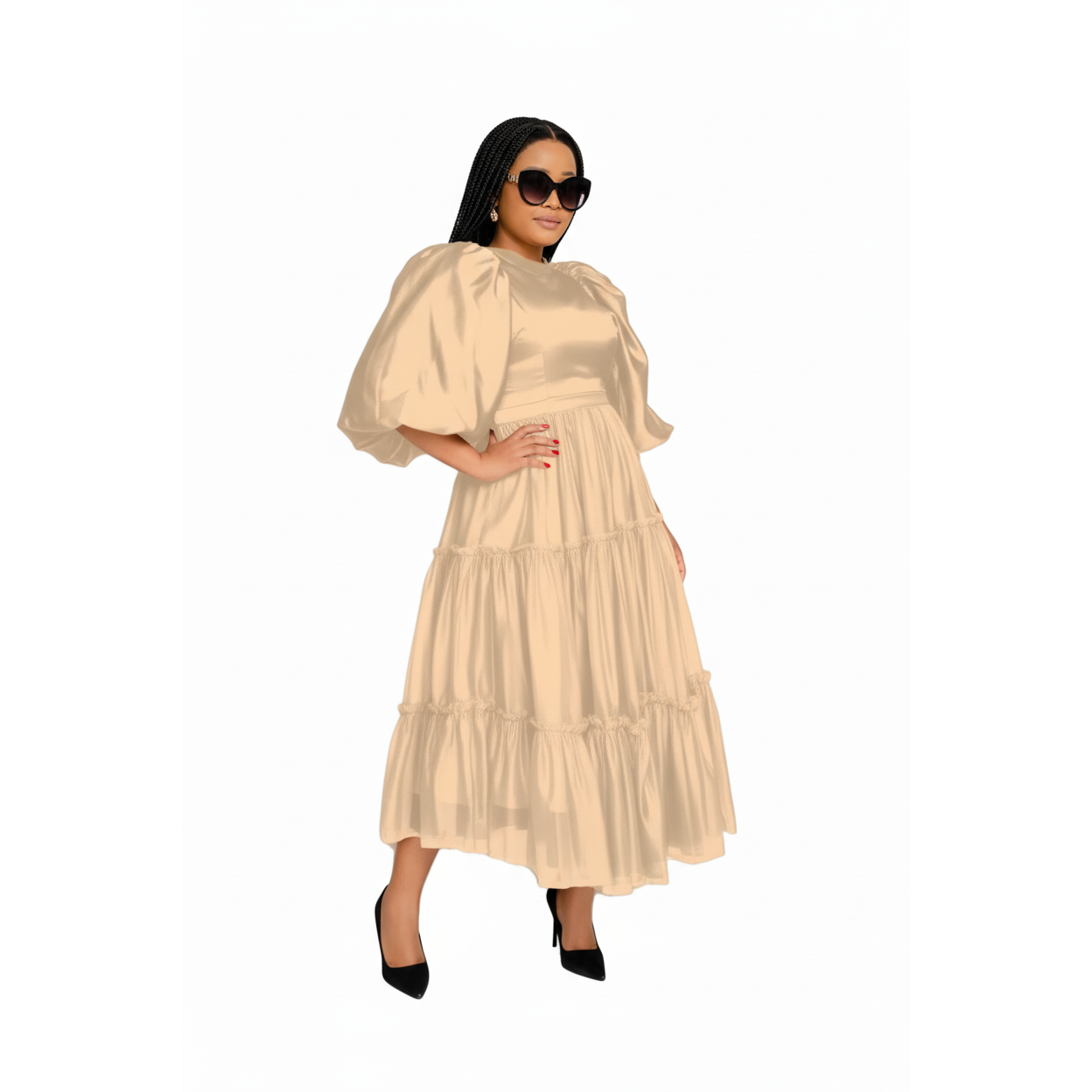 Plus Size Classy Puff Sleeve Maxi Dress