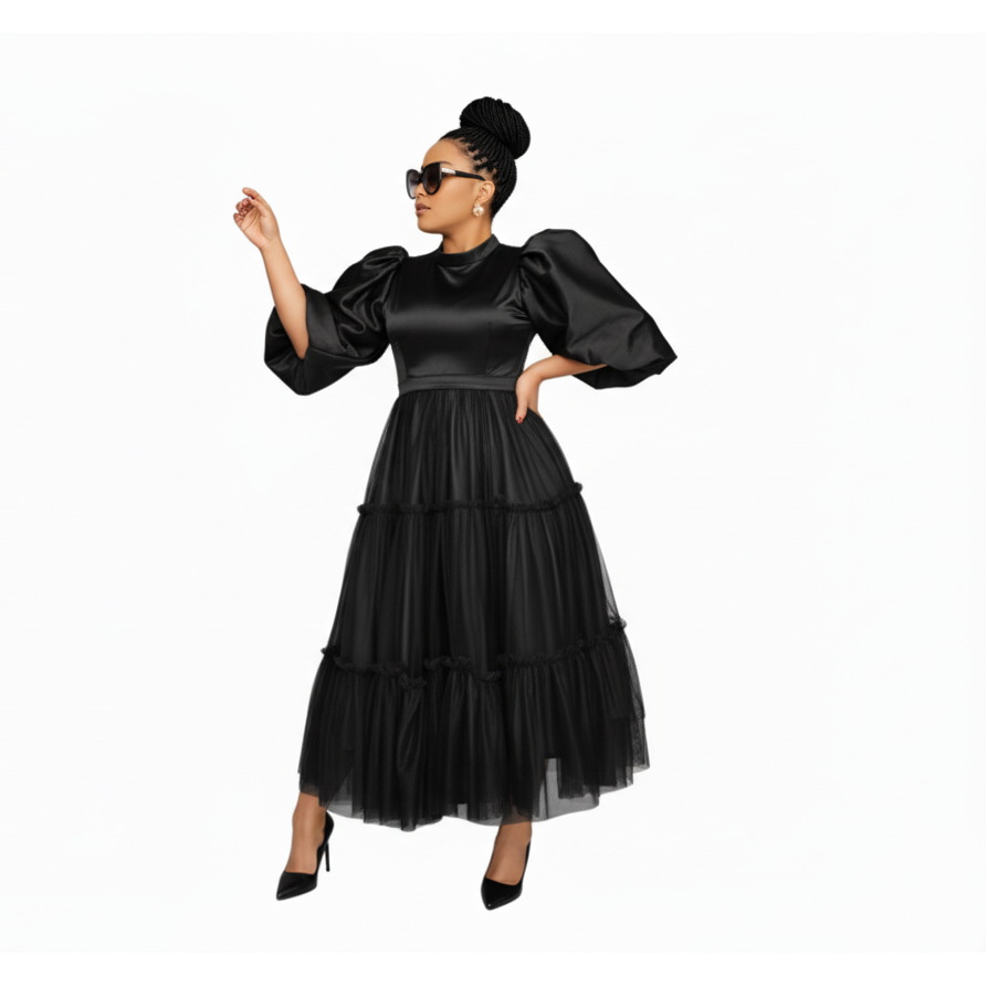 Plus Size Classy Puff Sleeve Maxi Dress