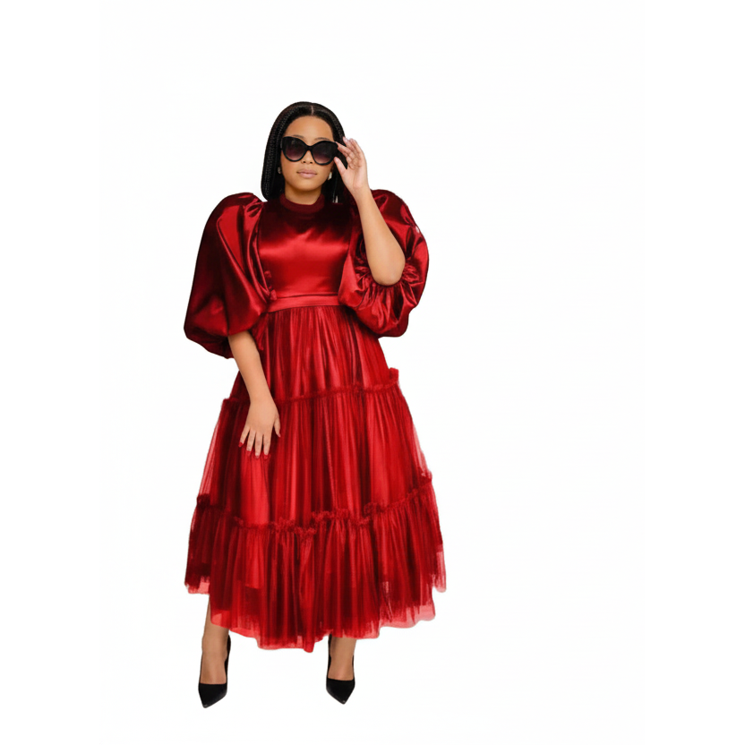 Plus Size Classy Puff Sleeve Maxi Dress