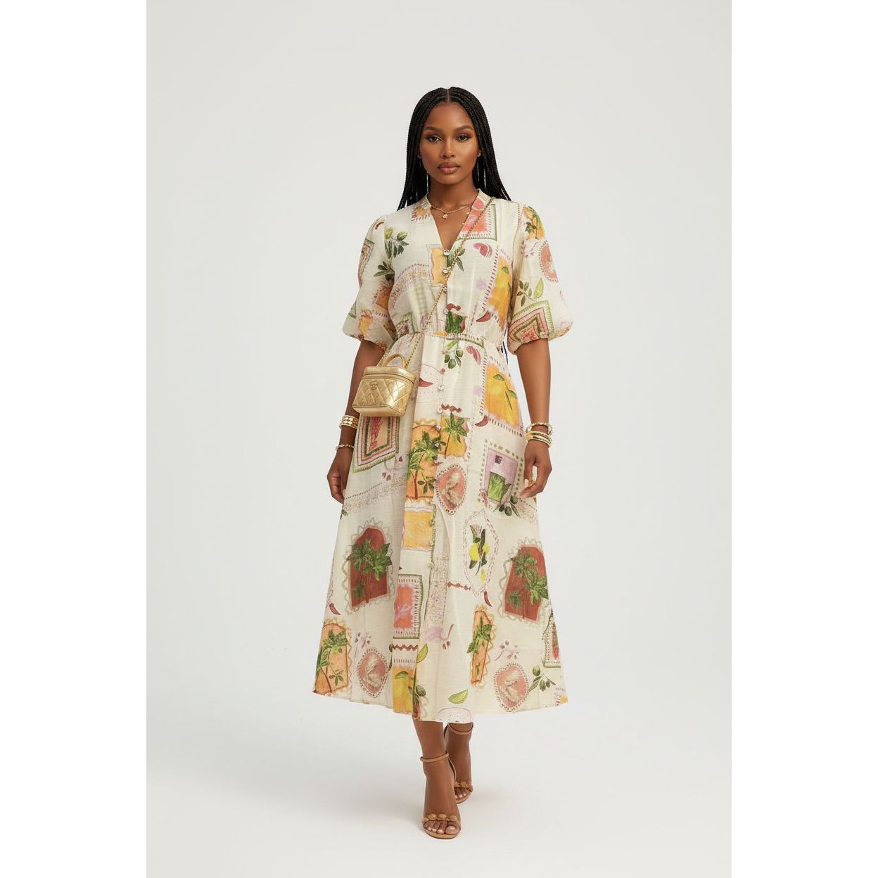 Puff Sleeve Printed Midi Dress