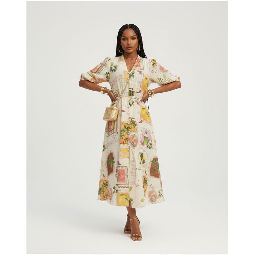 Puff Sleeve Printed Midi Dress