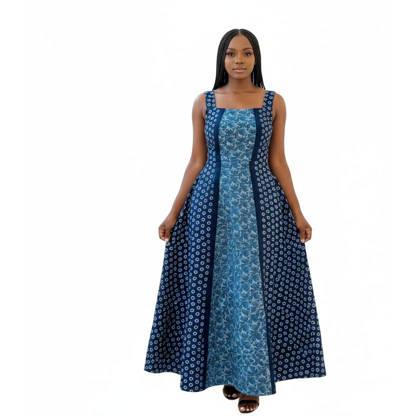 Square Neck Geometric Panel  Traditional Maxi Dress