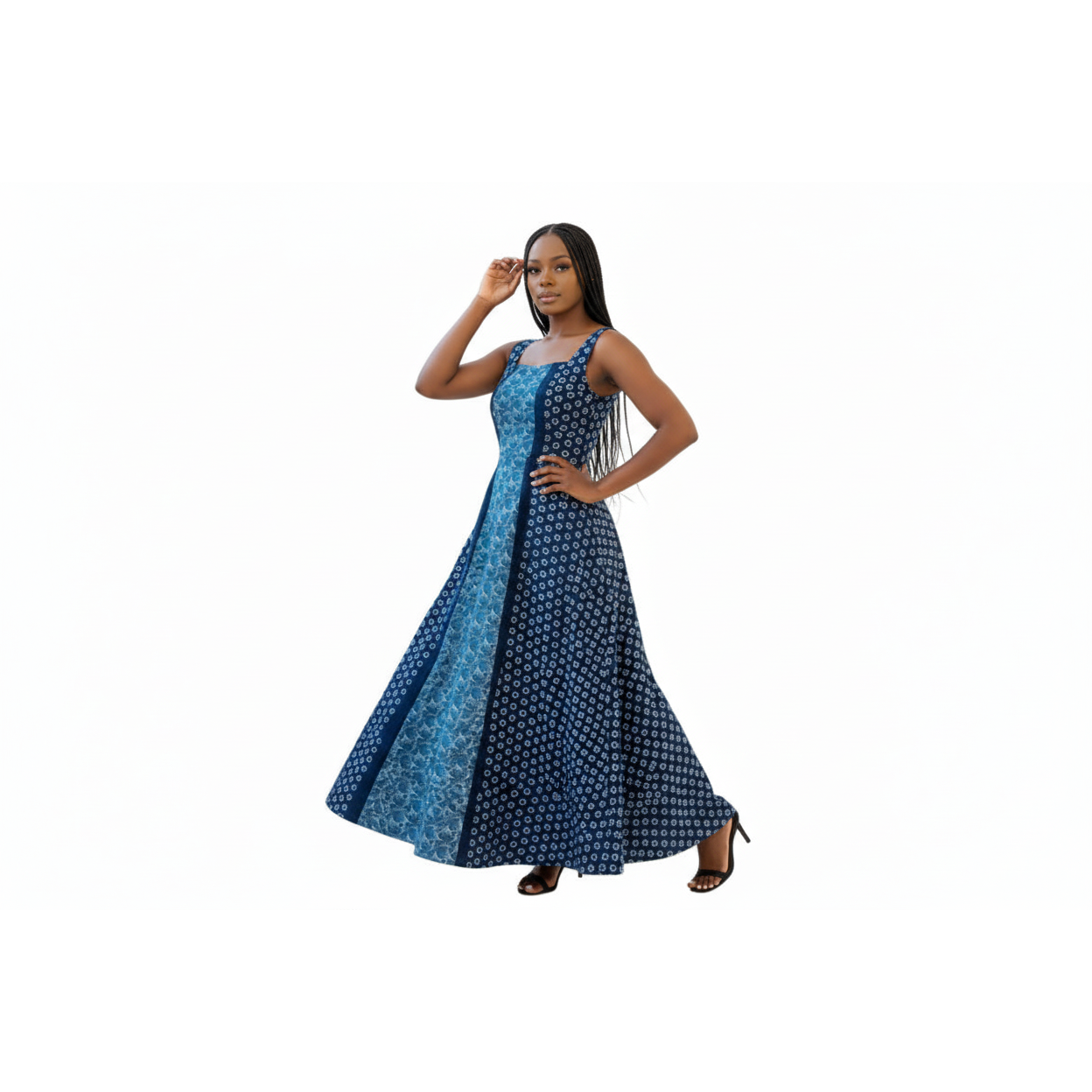 Square Neck Geometric Panel  Traditional Maxi Dress