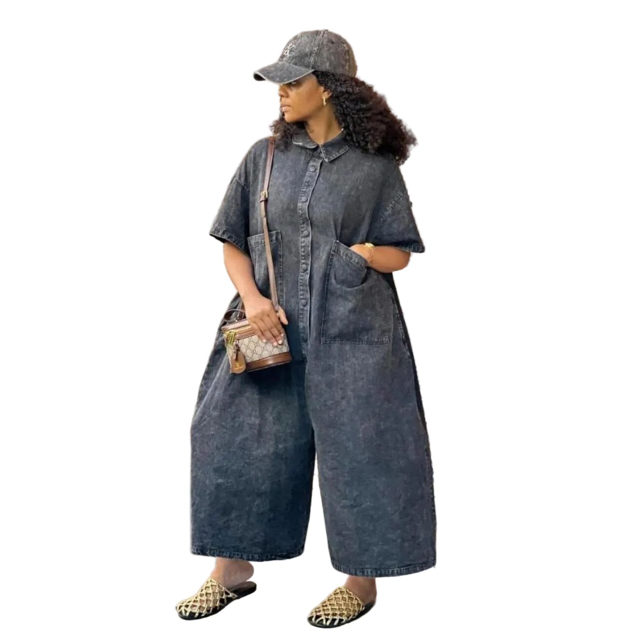 Short Sleeve Denim Big Pocket Midi Jumpsuit