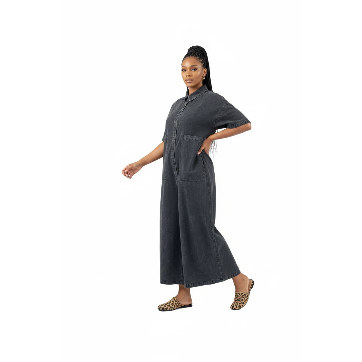 Short Sleeve Denim Big Pocket Midi Jumpsuit