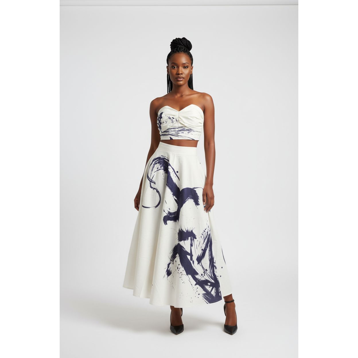 Off-Shoulder Ink Floral Blouse And Skirt 2 Piece Set