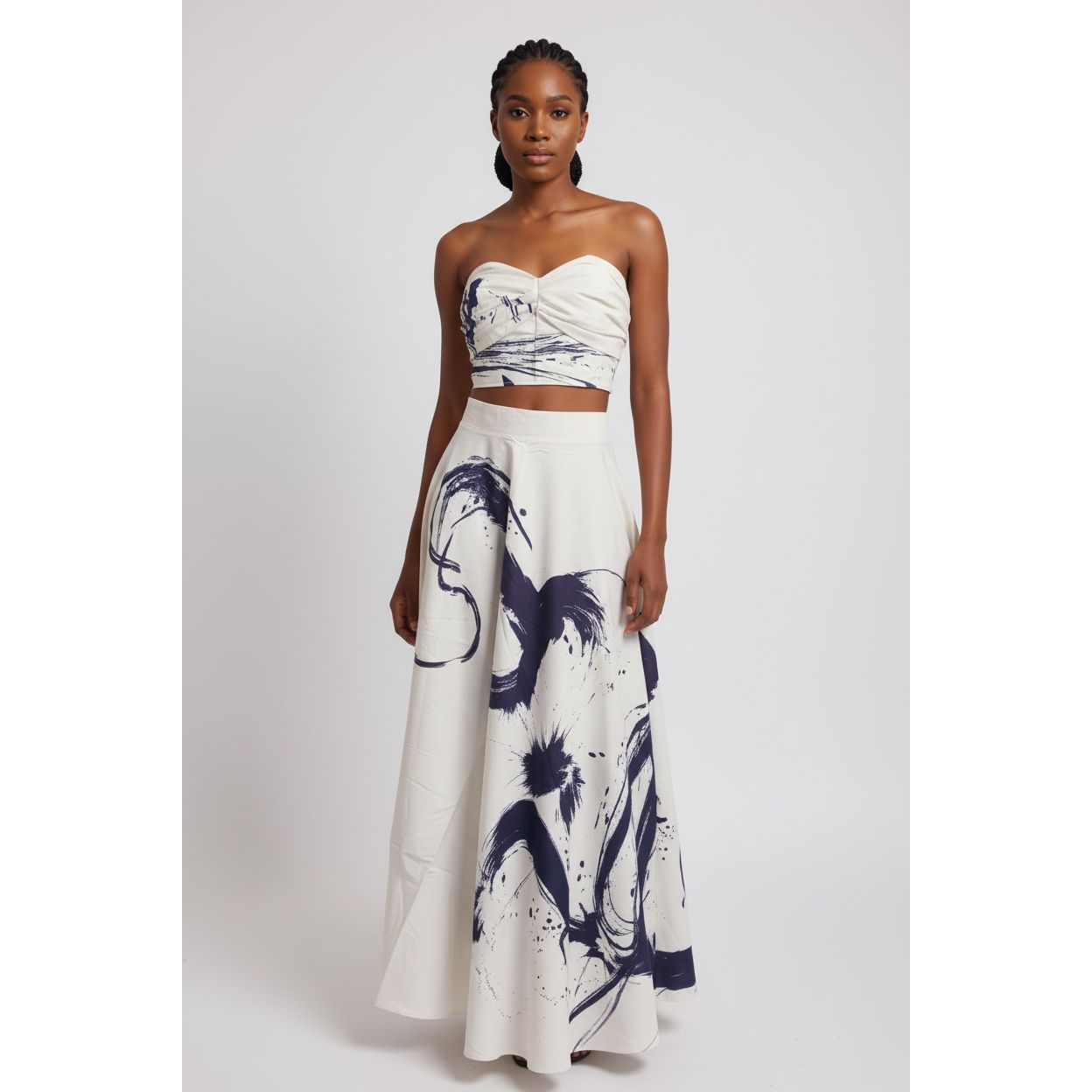 Off-Shoulder Ink Floral Blouse And Skirt 2 Piece Set