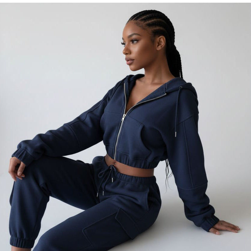 Zip-Up Crop Jacket & Elastic Straight-Leg Pants