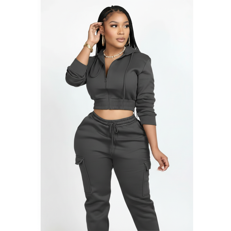 Zip-Up Crop Jacket & Elastic Straight-Leg Pants