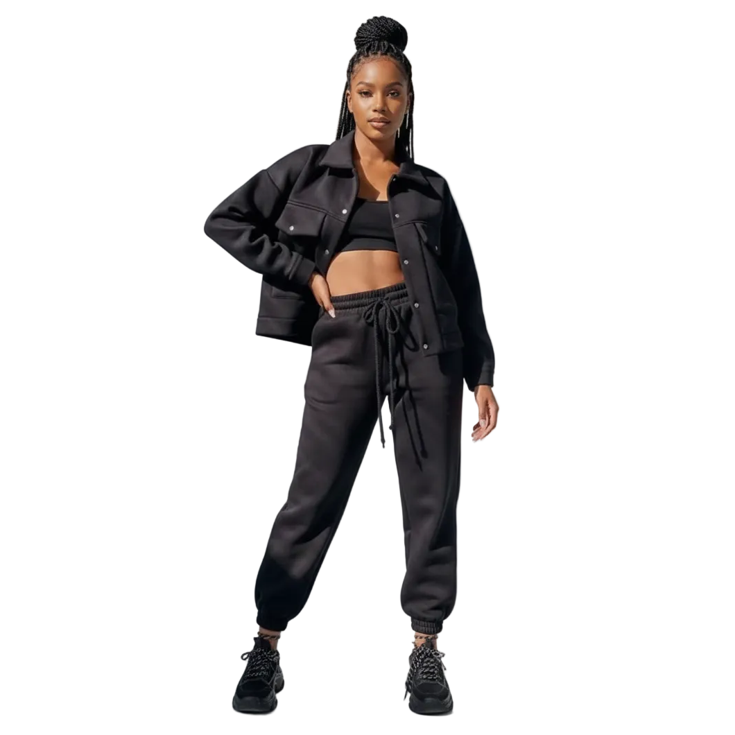 Lapel Long Sleeve Thick Jacket & Drawstring Pants Two Piece Set