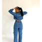 High-waisted Denim Pants And Top with stitching 2 Piece Set.