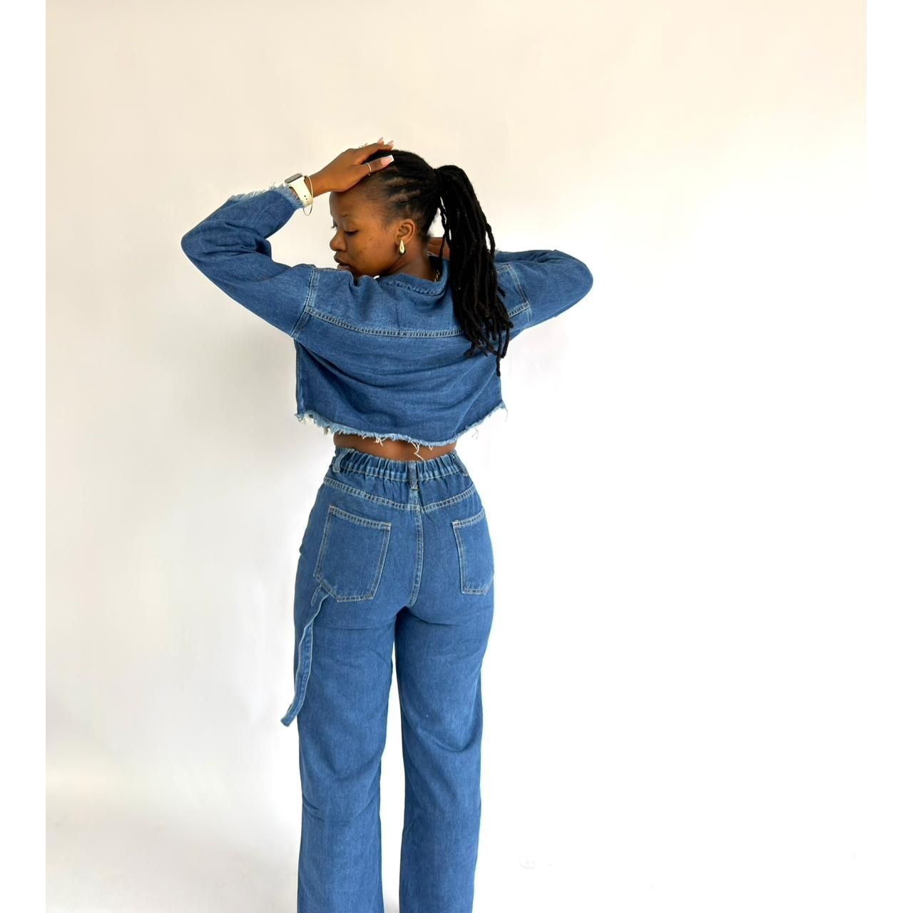 High-waisted Denim Pants And Top with stitching 2 Piece Set.