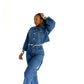 High-waisted Denim Pants And Top with stitching 2 Piece Set.