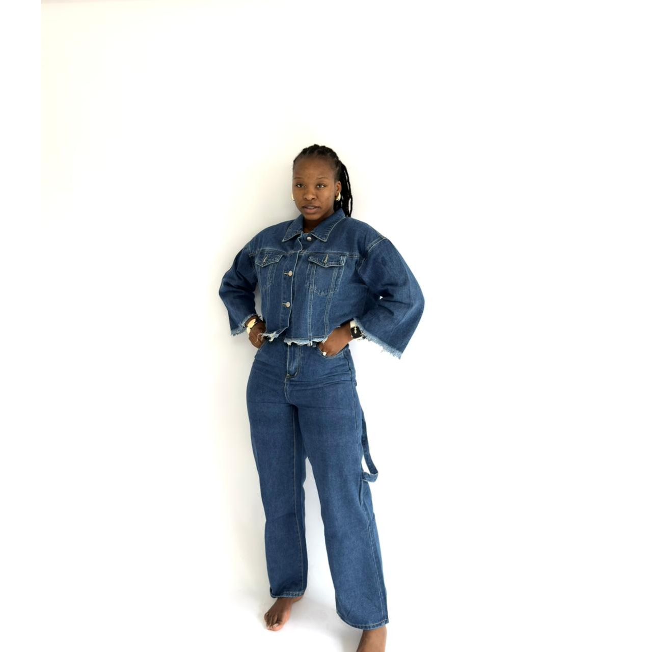 High-waisted Denim Pants And Top with stitching 2 Piece Set.