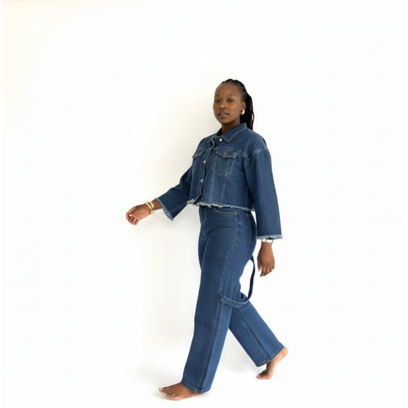 High-waisted Denim Pants And Top with stitching 2 Piece Set.