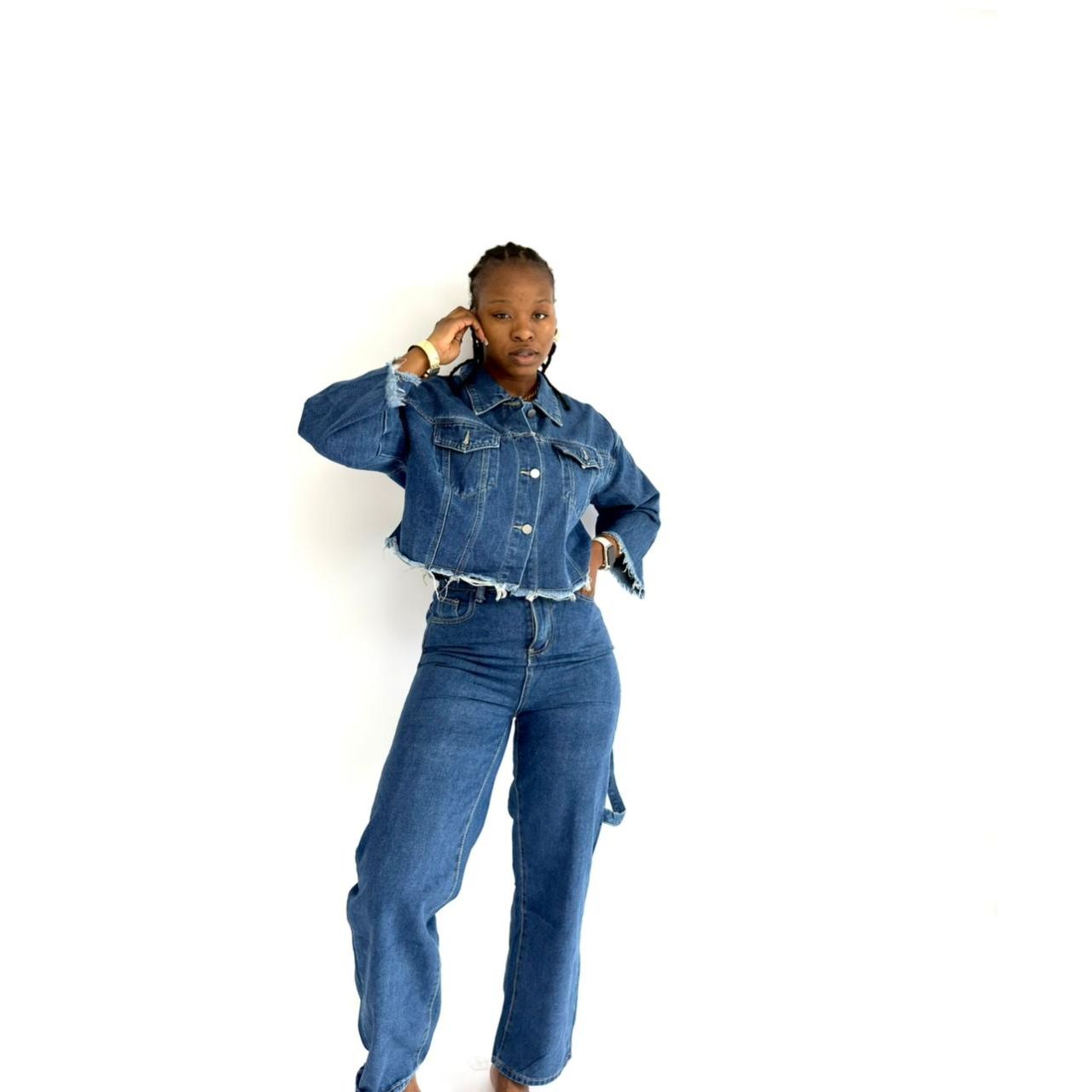 High-waisted Denim Pants And Top with stitching 2 Piece Set.