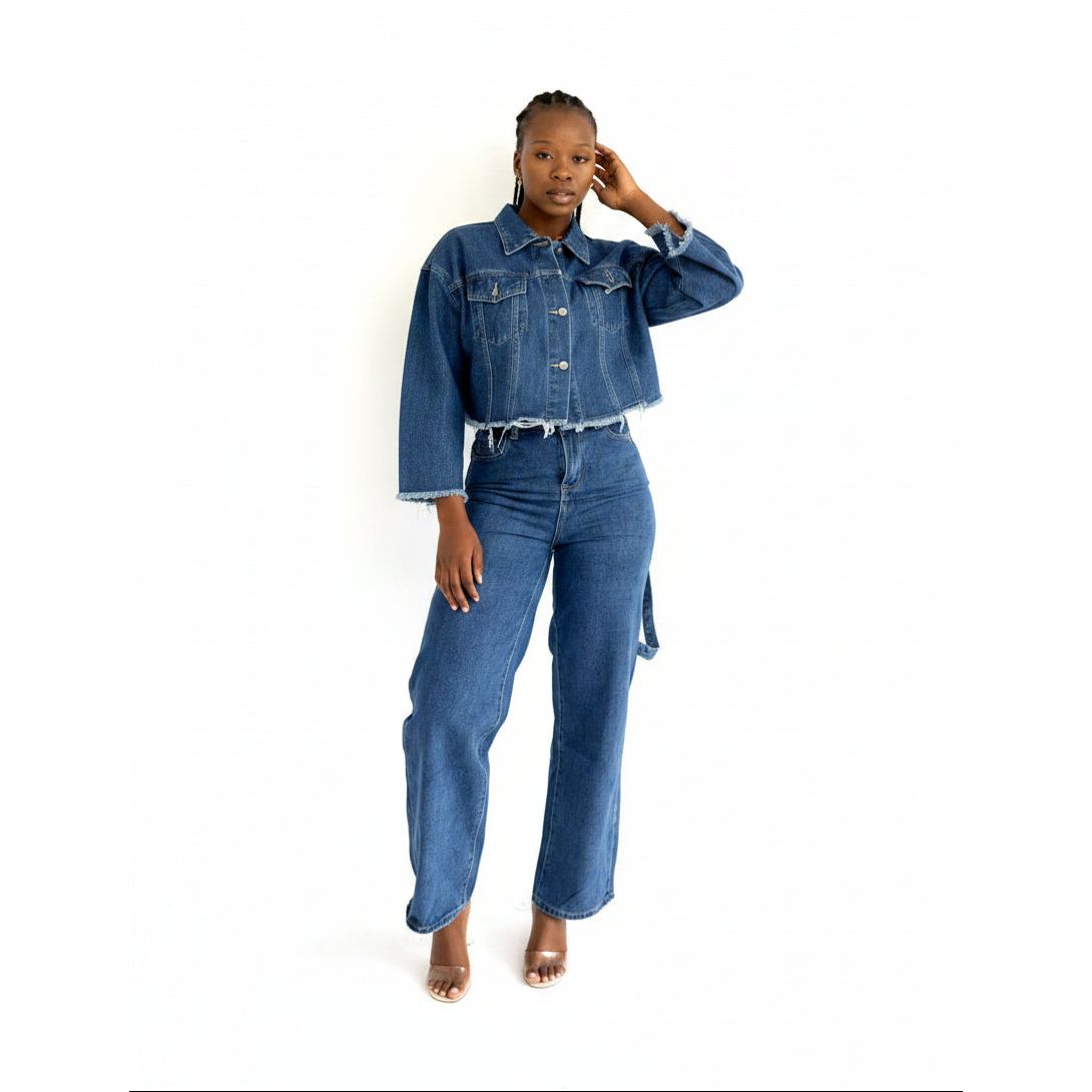 High-waisted Denim Pants And Top with stitching 2 Piece Set.