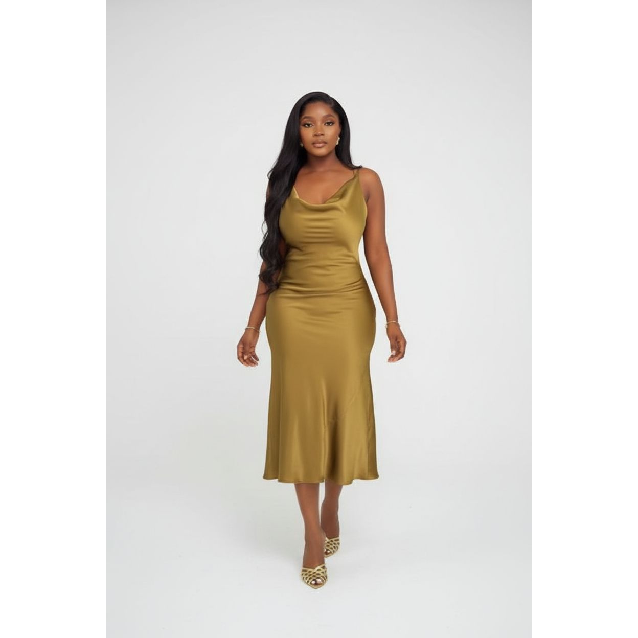 Elegant Satin Drape Cowl-Neck Dress