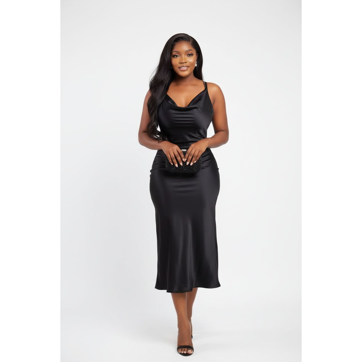 Elegant Satin Drape Cowl-Neck Dress