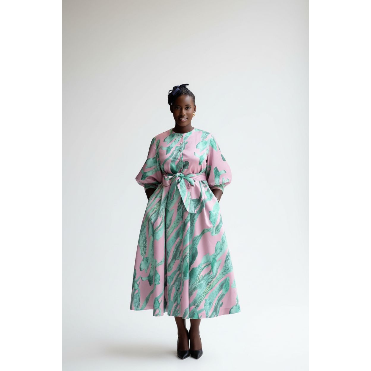 Plus Size Bohemian Print Belted Midi Dress