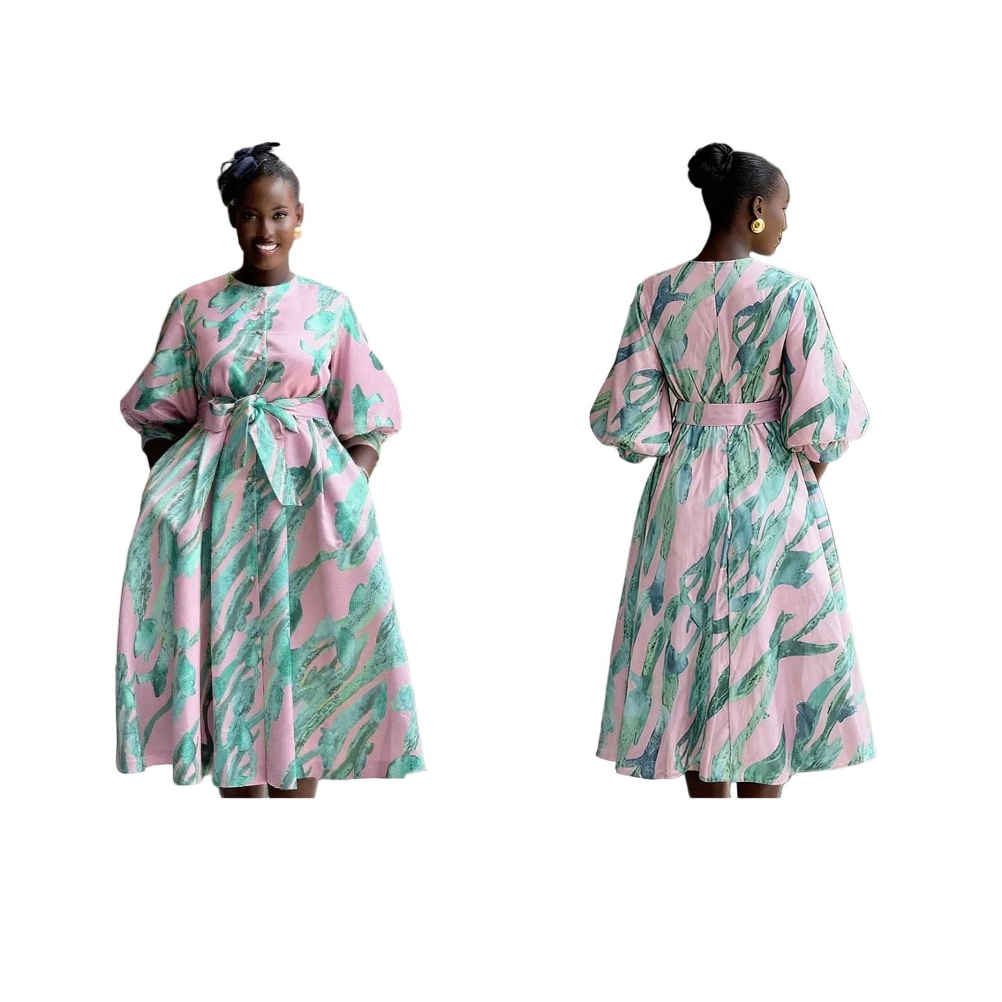 Plus Size Bohemian Print Belted Midi Dress