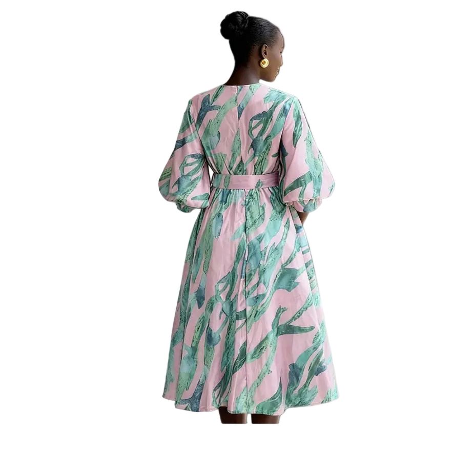 Plus Size Bohemian Print Belted Midi Dress