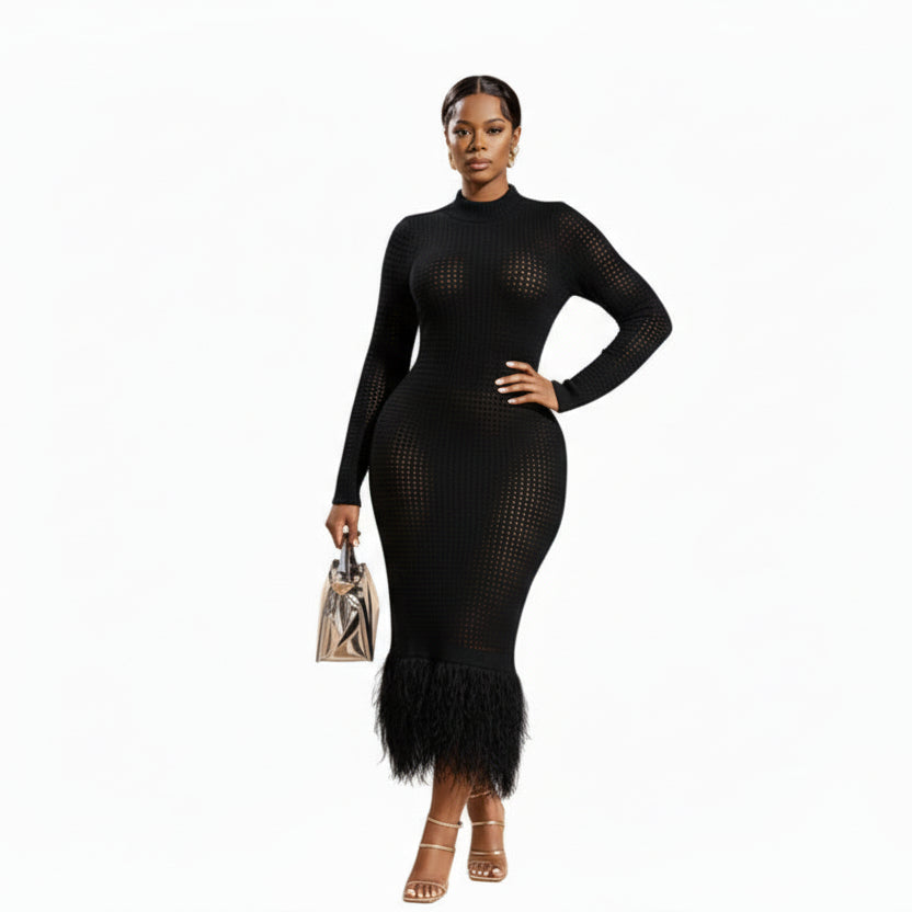 Long Sleeve Bottom Tassel Maxi Dress