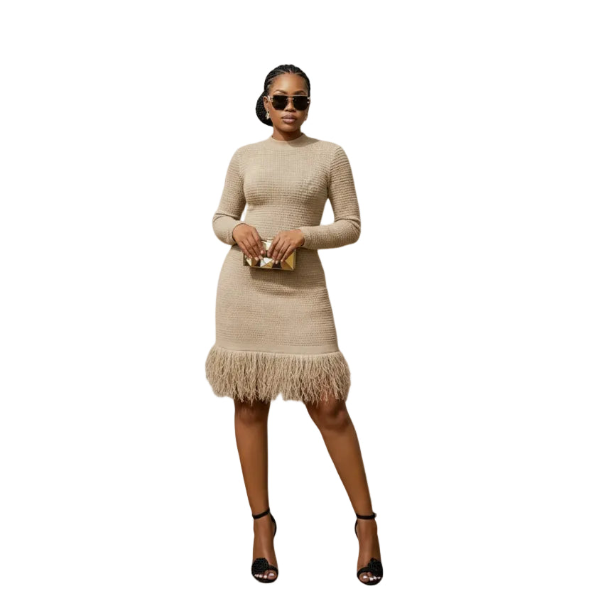 Long-Sleeve Knitted Tassel Mini Dress