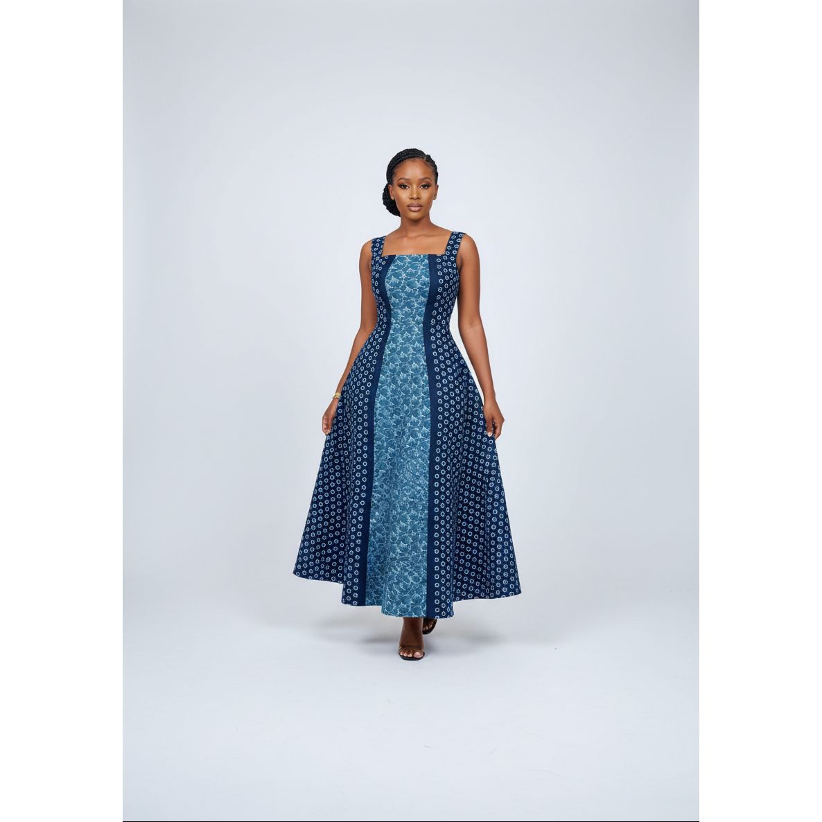 Square Neck Geometric Panel  Traditional Maxi Dress