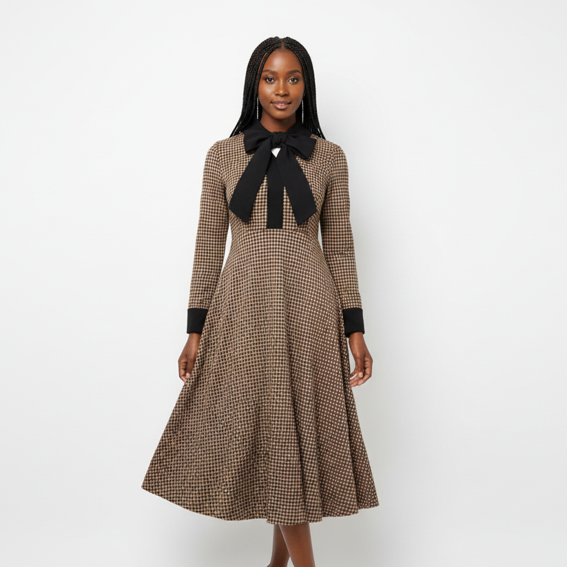 Black Bow Neckline And Contrasting Cuffs
