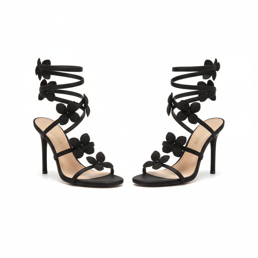 Flower & Wrap-Around Ankle Strap Stiletto Sandals