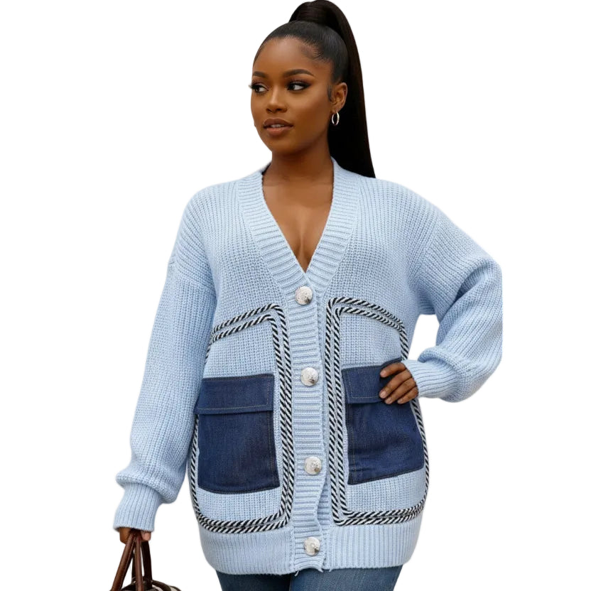 Women's Patchwork Denim Pocket Cardigan