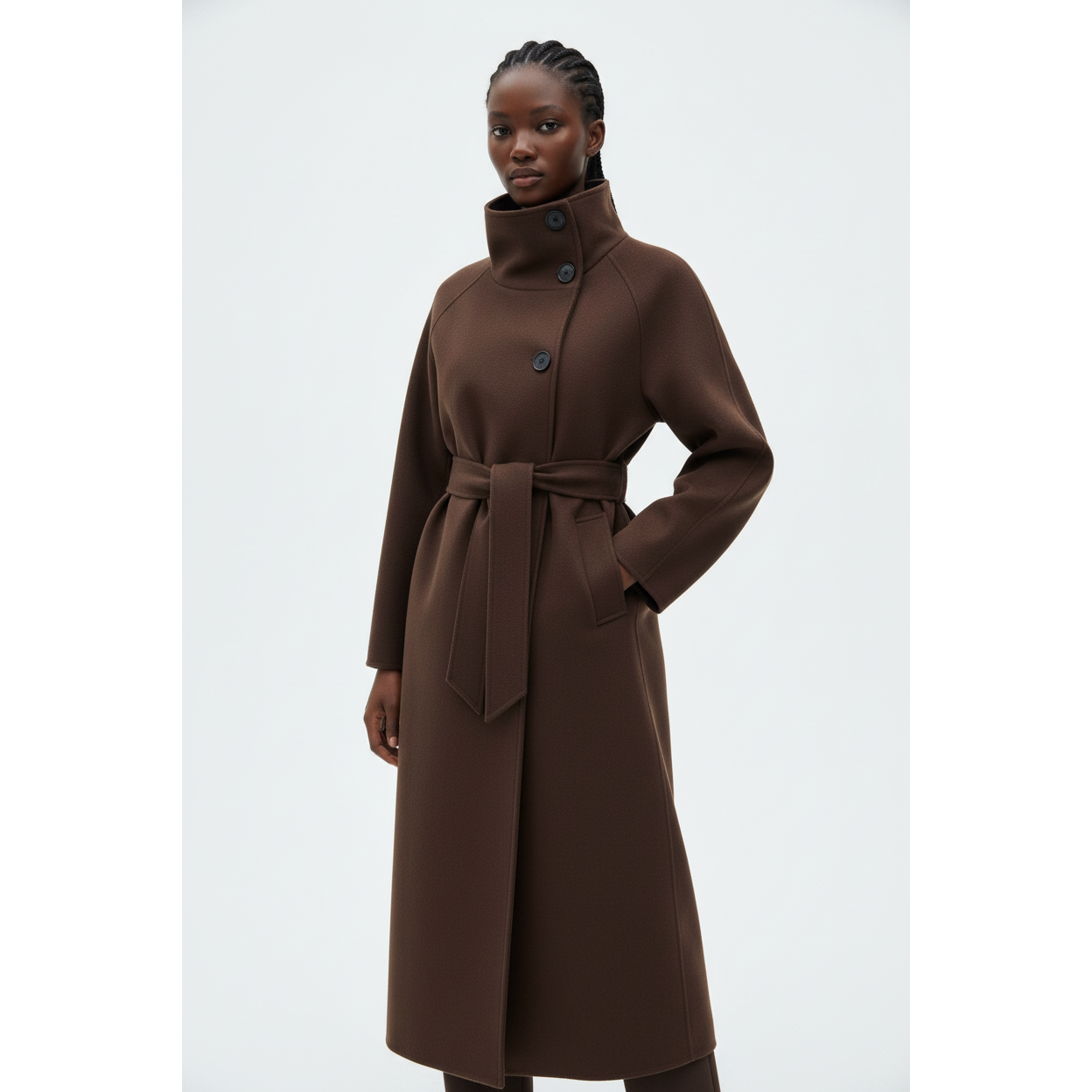 High-Neck Wool Belted Coat