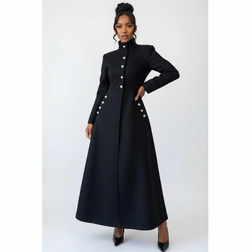A-line Stand Collar Long Coat