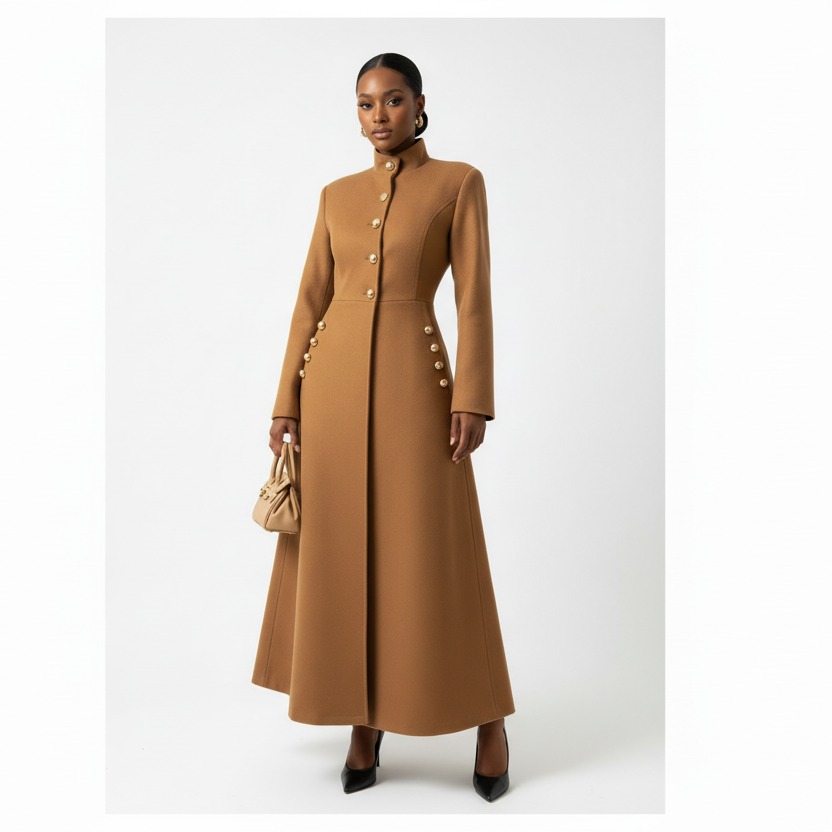 A-line Stand Collar Long Coat