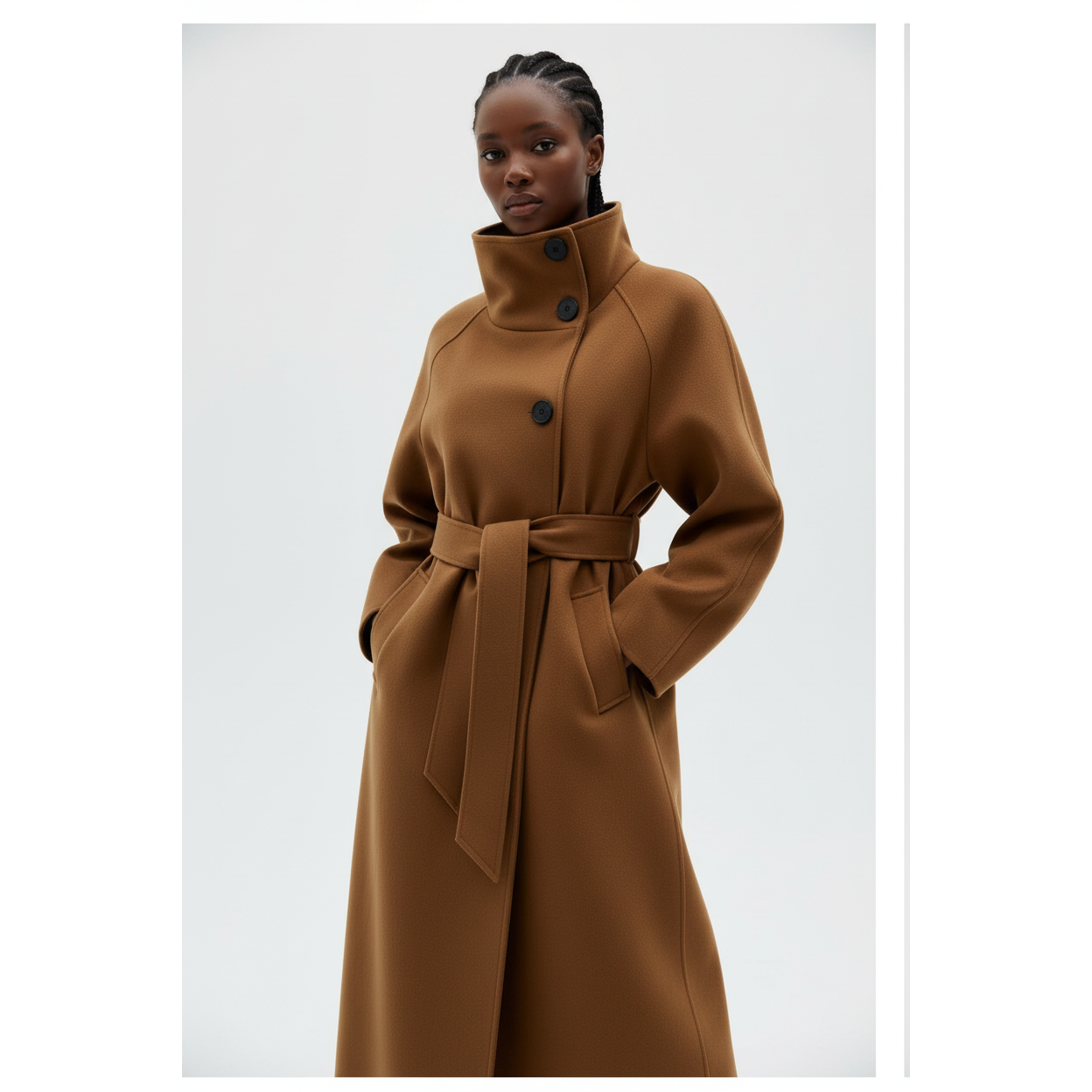 High-Neck Wool Belted Coat
