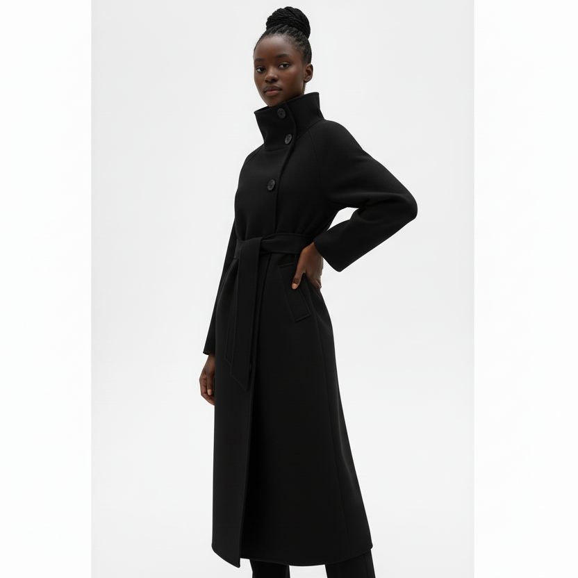 High-Neck Wool Belted Coat